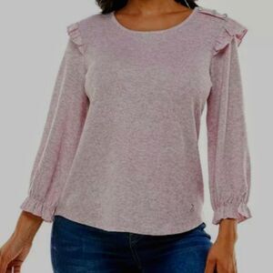Adrienne Vittadini Sweater Women's Pullover Scoop Neck Ruffles Rhinestone Soft M